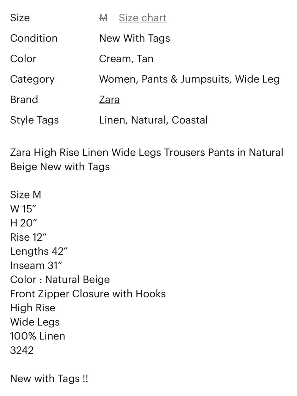 Zara Cream Wide-Leg Linen-Blend Pants